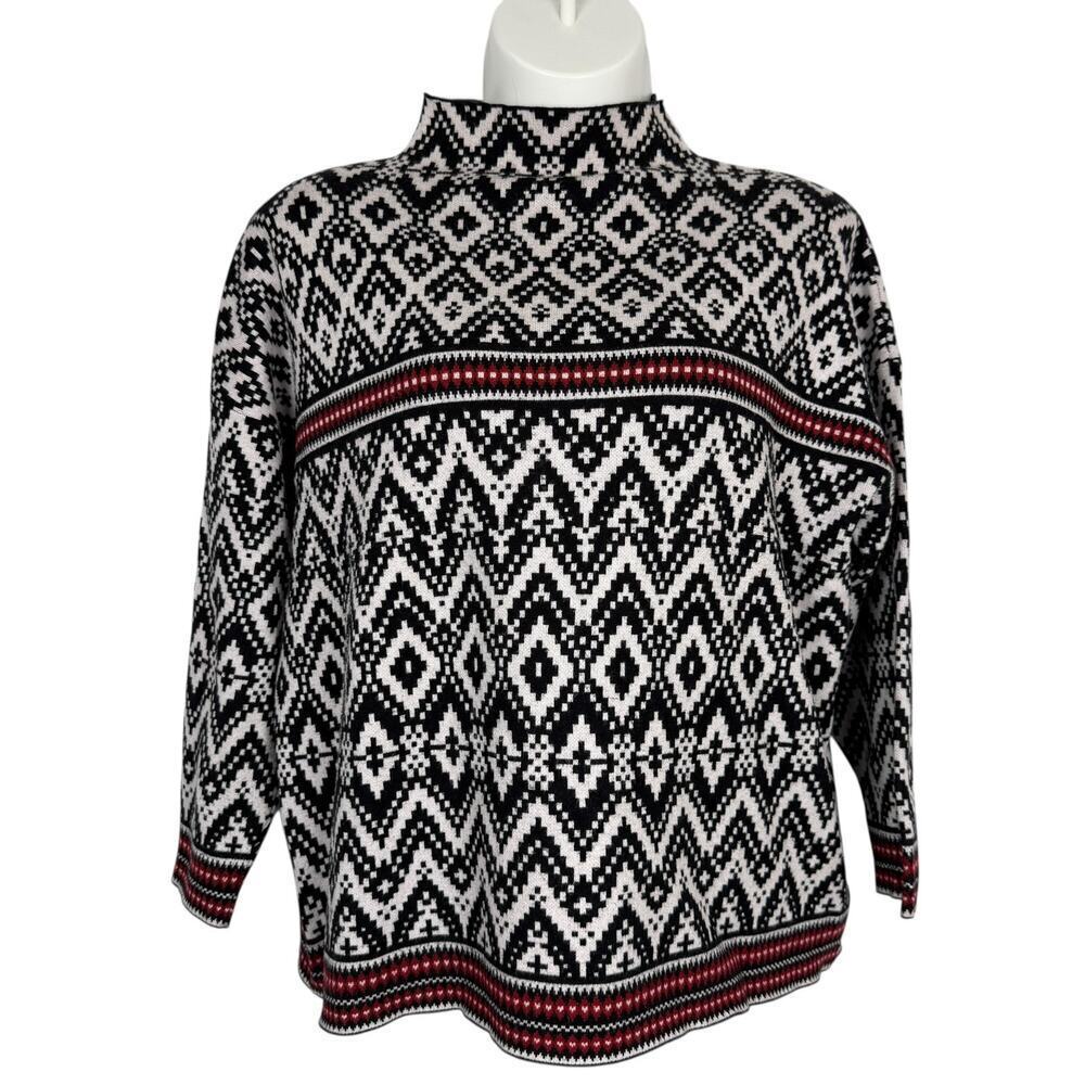 TAHARI Womens Aztec Geometric Print Mock Neck Sweater Black White Red 2X Winter